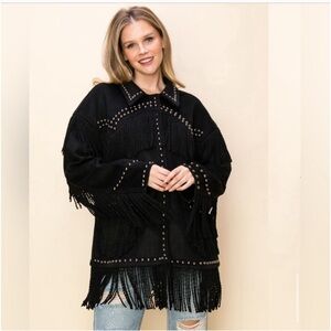 Long Sleeve Collared Jacket with Studs and Fringe Details.